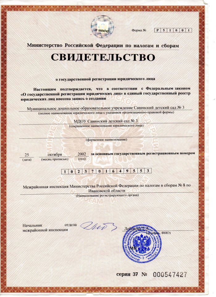Свидетельство о государственной регистрации юридического лица